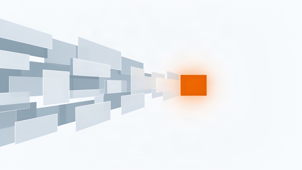 Abstract illustration of many translucent panels compressed into a single glowing orange square