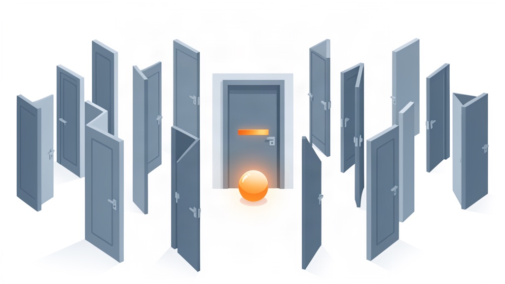 Abstract illustration of one closed door surrounded by many open doors