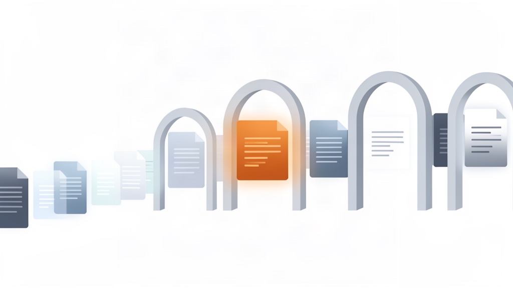 Abstract illustration of documents passing through a row of checkpoints, with one stopped for review