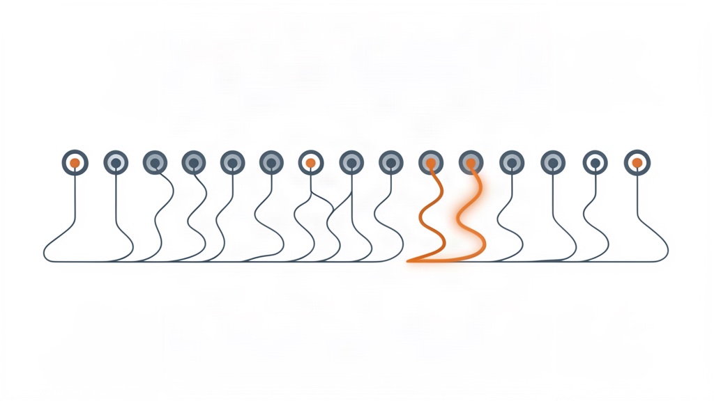 Abstract illustration of many parallel paths toward a target, with one stray path highlighted in orange
