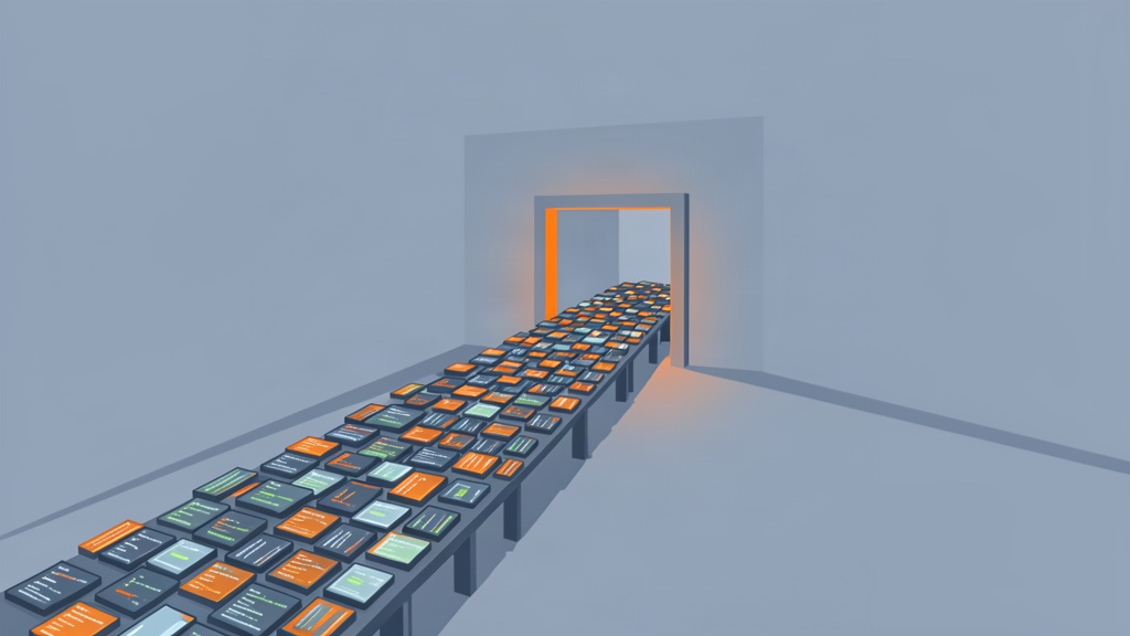 Abstract illustration of code tiles piling up in front of a single narrow review gate