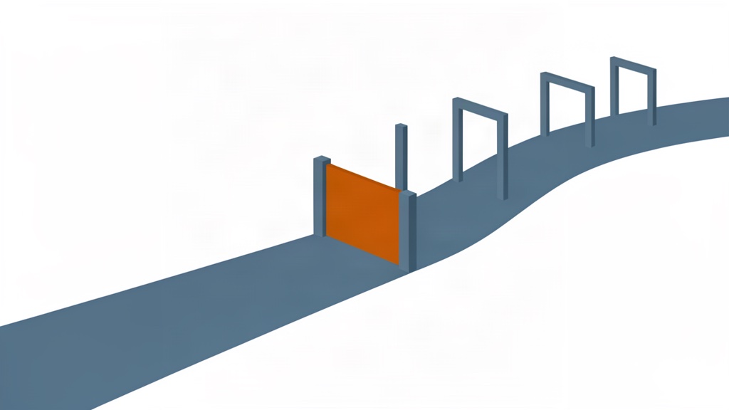 An abstract slate blue path passing through a series of open gates, with one warm orange gate standing closed across the path.