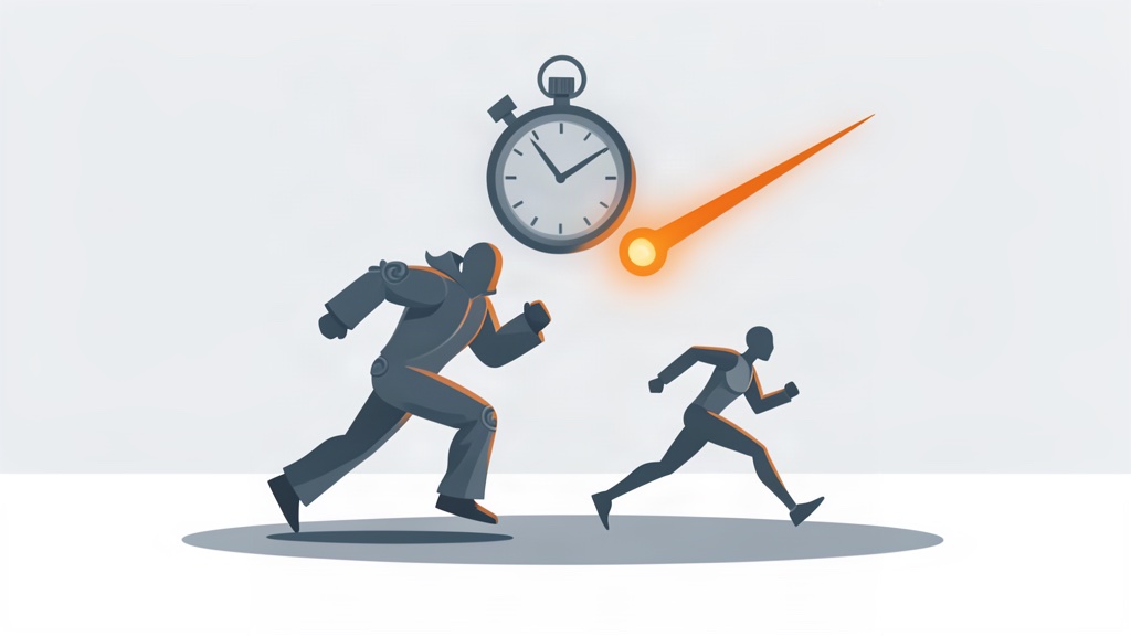 Abstract illustration of two runners on a track beneath a frozen stopwatch